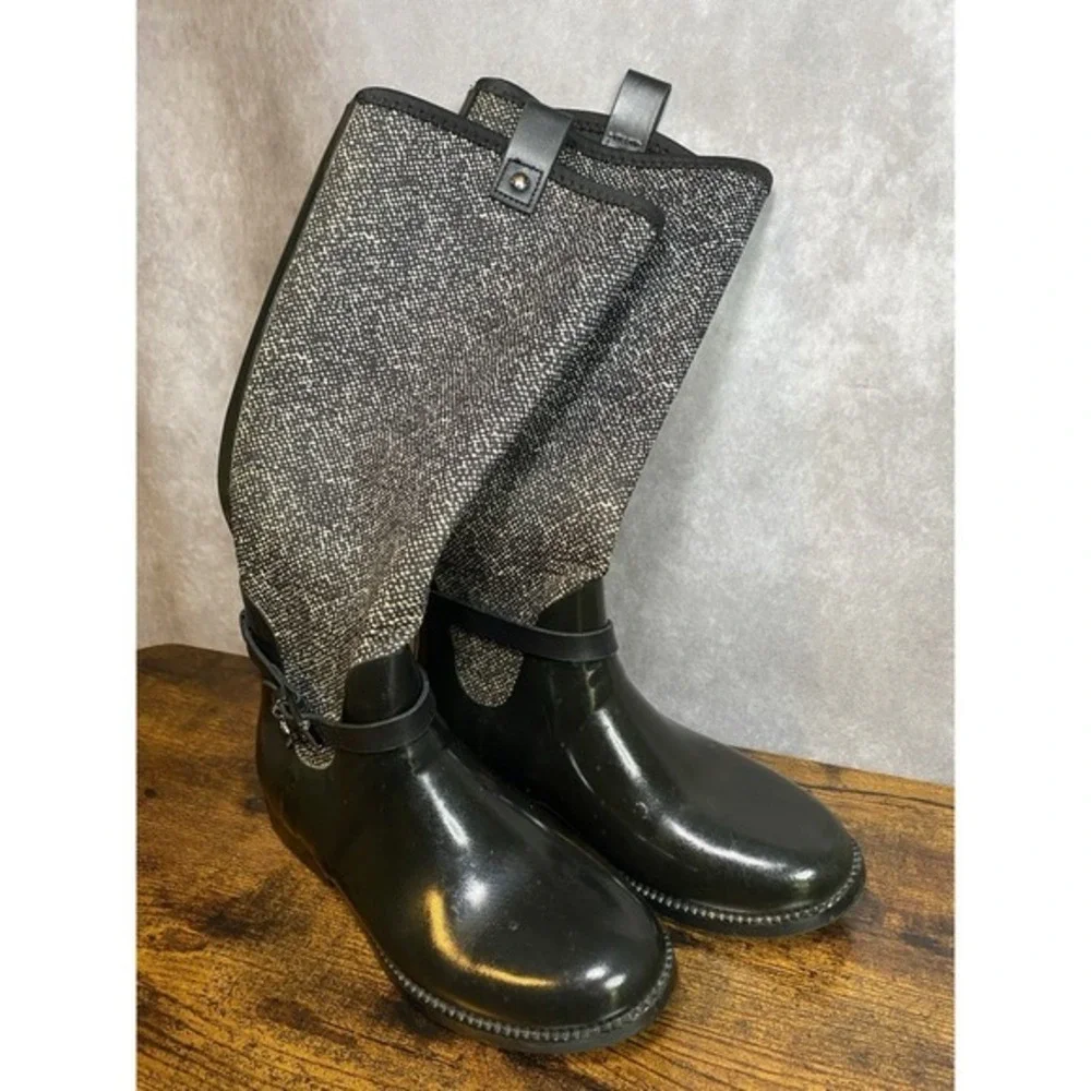 Michael‎ Kors MK CHARM Black White Stretch Tall Rain Boots Shoes Size 7
